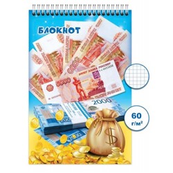 Блокнот на спирали 100х150 мм 48л клетка "Деньги 1" Бг48/5-1 Гранит