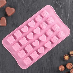 Форма для конфет и шоколада Доляна «Подарок, сердце, роза», силикон, 23.2×13.8×1.1 см, 24 ячейки (2.6×2.6×2 см), коричневая