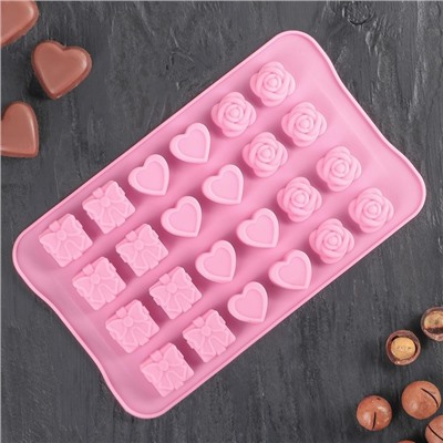 Форма для конфет и шоколада Доляна «Подарок, сердце, роза», силикон, 23.2×13.8×1.1 см, 24 ячейки (2.6×2.6×2 см), коричневая