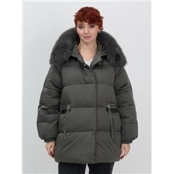 Куртка зимняя женская с мехом и капюшоном тренд темно-зеленого цвета 7639TZ