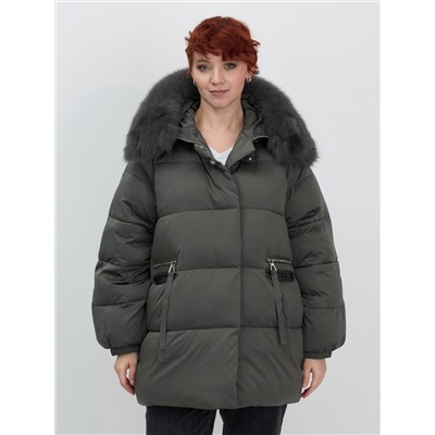 Куртка зимняя женская с мехом и капюшоном тренд темно-зеленого цвета 7639TZ