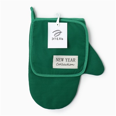 Набор кухонный "Этель" New year collection цвет зелёный, варежка 18х29 см, прихватка 19х19 см,100% хлопок