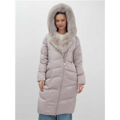 Двубортное пальто зимнее утепленное с мехом и капюшоном светло-коричневого цвета 7626SK