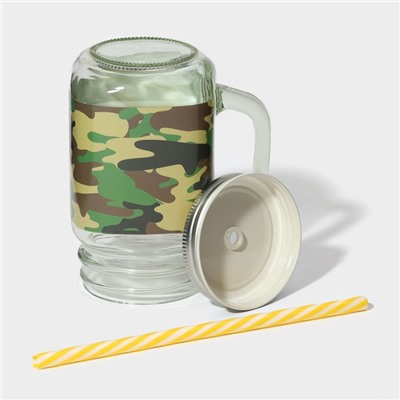 Кружка Доляна «Милитари», 450 мл, 10×7.5×13 см, с крышкой и трубочкой, стекло, прозрачная, зелёная