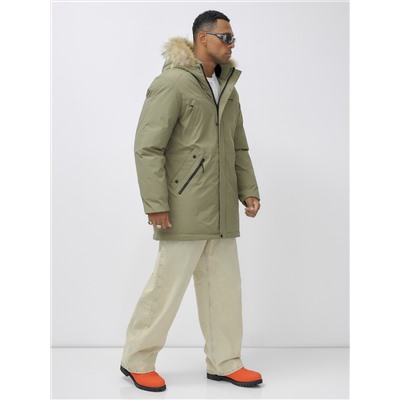 Парка мужская зимняя удлиненная с мехом цвета хаки 999Kh