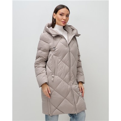 Пальто зимнее утепленное с капюшоном женское светло-коричневого цвета 7637SK