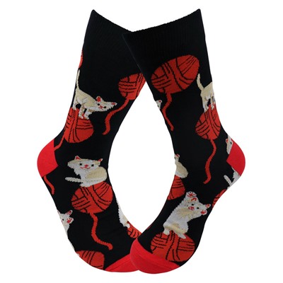 33450 В мире животных | Носки "Котик и клубок", р-р 40-44 (черный/красный)