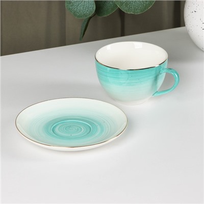 Чайная пара Доляна «Млечный путь», 2 предмета: чашка 220 мл, блюдце d=13.5 см, фарфор, бирюзовая