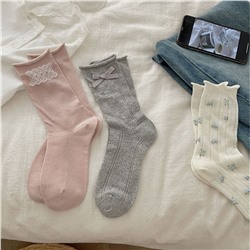 Breathable cute atmospheric light and thin knee socks with bow, mid-length, floral print, Lolita style