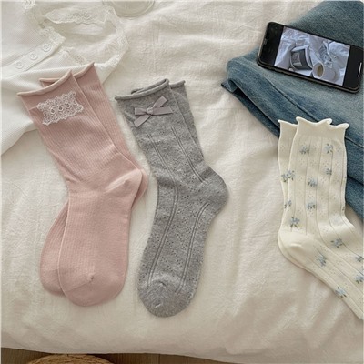 Breathable cute atmospheric light and thin knee socks with bow, mid-length, floral print, Lolita style