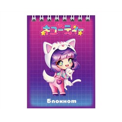 Блокнот, А7, 40 л, арт. 68172 ЧИБИ С КОТОМ  / Блок - белый офсет 65 г/м², клетка, гребень по короткой стороне, УФ-лак сплошной,