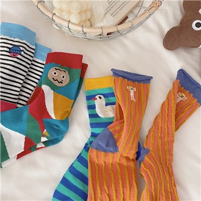 Cute Japanese knee socks, funny cartoon cotton doll, mid-length, with embroidery