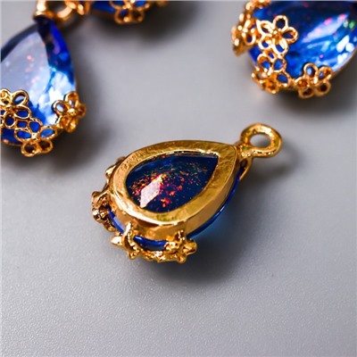 Декор для творчества пластик «Капля с золотыми цветочками», синий кристалл, 2×1.2 см