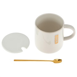 Кружка фарфоровая "Happy" 420мл, д9,2см h9,6см, глянцевая глазурь, отводка золотом, декор с золотом, цвет - белый, фарфоровая крышка, ложка металл., окрашенный "золото" 14,3см, д/горла 8,3см, д/основания 7,7см, в подарочноый коробке (Китай)