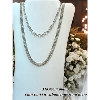 Пояс женский цепочка  дорожка со стразами трех рядная цвет серебро модель 12