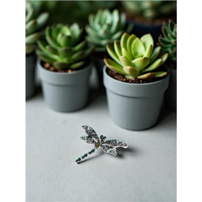 Брошь «Стрекоза» ажурная, чёрно-зелёная в чернёном серебре