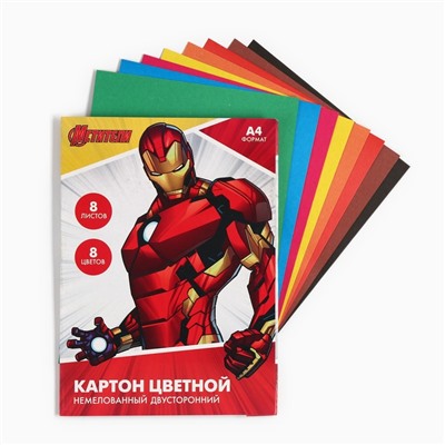 Цветной картон, А4, 8 листов, 8 цветов, немелованный, двусторонний, в папке, 220 г/м², «Мстители»
