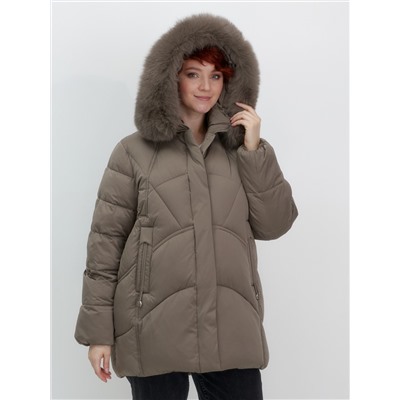 Куртка зимняя женская с мехом и капюшоном тренд коричневого цвета 7656K