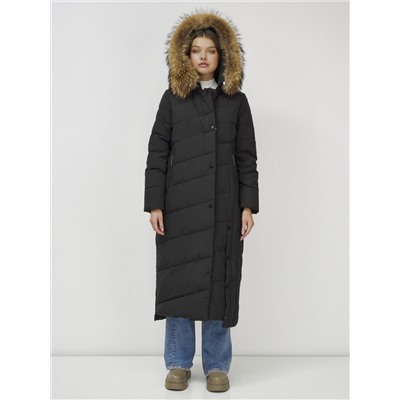 Пальто зимнее женское с мехом енот премиум класса черного цвета 3335Ch