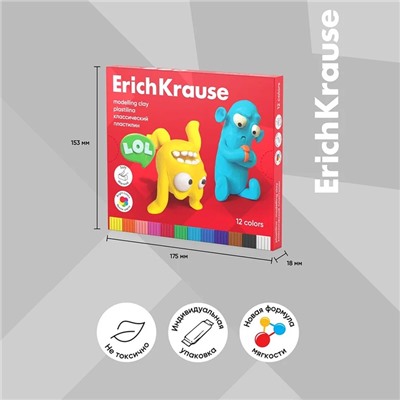 Пластилин 12 цветов, 216 г, ErichKrause "Jolly Friends", со стеком, в картонной упаковке
