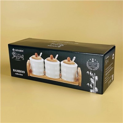 140-155 Набор из 3 банок 320мл для специй с ложками на подставке BAMBOO в под.уп.(х16)Фарфор