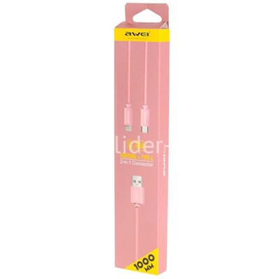 USB кабель 2в1 для iPhone 5/6/6Plus/7/7Plus/Type-C USB 1.0м AWEI CL-984 текстильный (розовый)