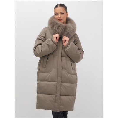 Пальто зимнее утепленное с мехом и капюшоном тренд коричневого цвета 7629K