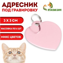 Адресник под гравировку "Сердечко" 3 х 3 см, фасовка 6 шт, микс