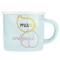Кружка фарфоровая "Фрукты" "Манго/Персик" 320мл, д9см h8см, глянцевая глазурь, деколь с золотом, цвет - бело-голубой, д/горла 8,8см, д/основания 7,3см, в подарочной коробке (Китай)