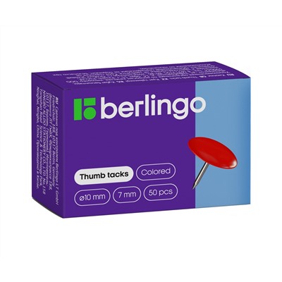 Кнопки канцелярские/гвоздики Berlingo, цветные 10мм, 50шт., карт. упаковка