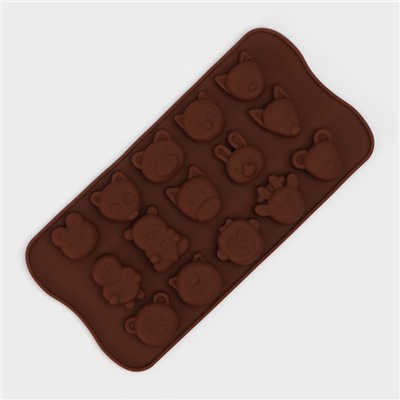 Форма для конфет и шоколада Доляна «Мордашки», силикон, 21×10.5 см, 15 ячеек (2.5×2.3 см), коричневая