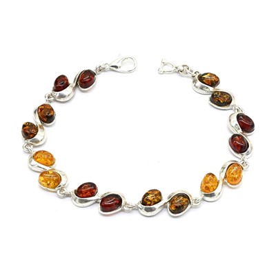 Браслет с янтарём в посеребрении овальчик двойной ассорти, 20см