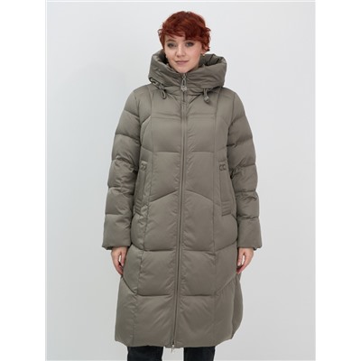 Пальто зимнее утепленное с капюшоном женское светло-коричневого цвета 7702SK