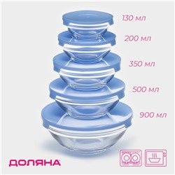 Салатники Доляна «Классика» с крышками, набор 5 шт.: 900/500/350/200/130 мл, стекло, голубые