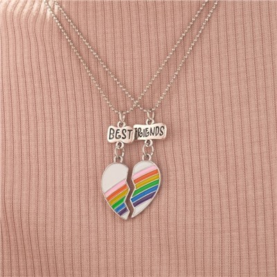 Кулоны парные на цепочке «Радуга в сердце», 45 см, цветные в серебре