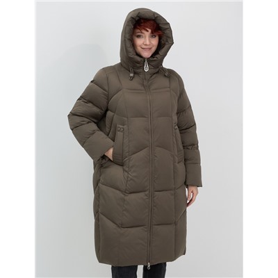 Пальто зимнее утепленное с капюшоном женское коричневого цвета 7702K