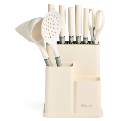 НАБОР AGNESS ИЗ 11ПР: 5 НОЖЕЙ,ПОЛОВНИК,ЛОПАТКА,ШУМОВКА,ПОДСТАВКА,НОЖЕТОЧКА,НОЖНИЦЫ, ЦВЕТ:БЕЛЫЙ/СЕРЫЙ