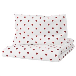 BARNDRÖM, Bettwäsche-Set f Babybett, 2-teilig, Herzmuster/weiß rot,, 110x125/35x55 cm