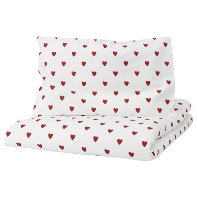 BARNDRÖM, Bettwäsche-Set f Babybett, 2-teilig, Herzmuster/weiß rot,, 110x125/35x55 cm
