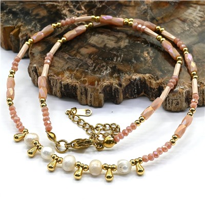 Чокер из циркона с жемчугом цвет персиковый, 41см