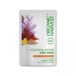Тканевая маска для молодости кожи Шафран, Овсяное молоко и Персик (20 г), Youthful Glow Sheet Mask Saffron, Oat Milk & Peach, произв. Organic Harvest