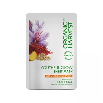 Тканевая маска для молодости кожи Шафран, Овсяное молоко и Персик (20 г), Youthful Glow Sheet Mask Saffron, Oat Milk & Peach, произв. Organic Harvest