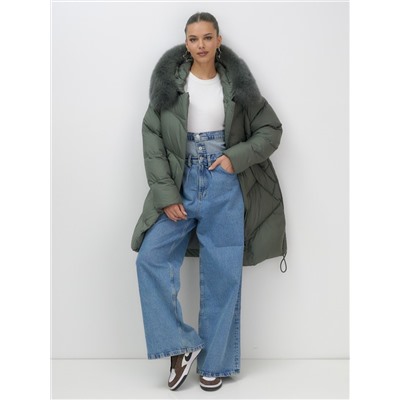 Пальто зимнее утепленное с мехом и капюшоном тренд цвета хаки 7745Kh