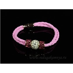 Браслет шамбала шарик14мм на двойной косичке цв.розовый