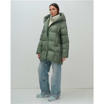 Куртка двубортная женская зимняя с капюшоном цвета хаки 7736Kh