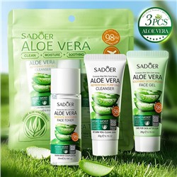 Дорожный набор из 3 средств для лица с экстрактом Алоэ Sadoer (Пенка + Тонер + Гель), 20*20*20 гр.