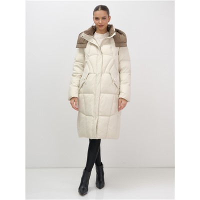 Пальто зимнее утепленное с капюшоном женское бежевого цвета 7709B