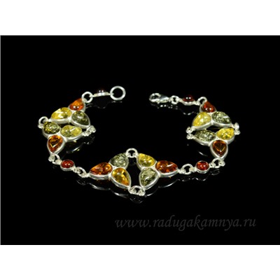 Браслет с янтарём в посеребрении "трилистник" ассорти, 20см