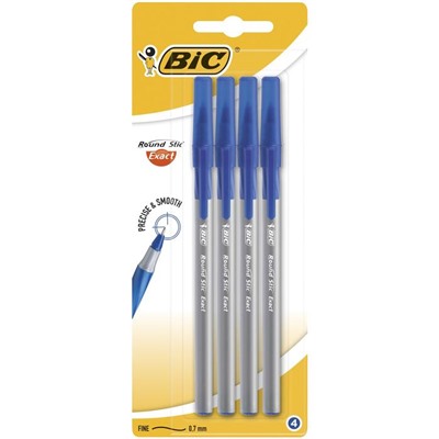Набор ручек шариковых 4 шт., BIC Round Stic Exact, резиновый упор, 0.7 мм, синие чернила, блистер