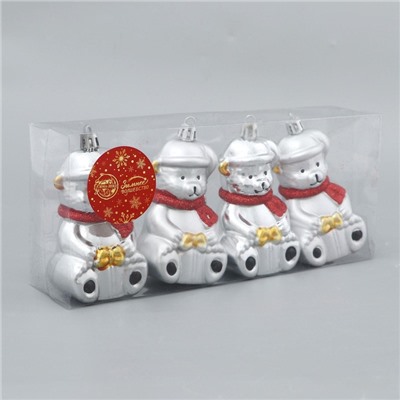 Ёлочная игрушка 4 шт. «Мишка в шарфике» 5.5×8 см, серебро